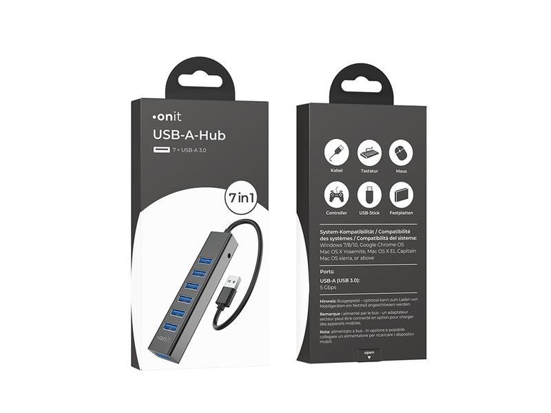 Onit USB-A Hub 7 en 1, emballage noir, avec les détails du produit et les ports.