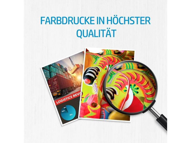 Gedruckte Dokumente unter einer Lupe. Text: 'FARBDRUCKE IN HÖCHSTER QUALITÄT'.