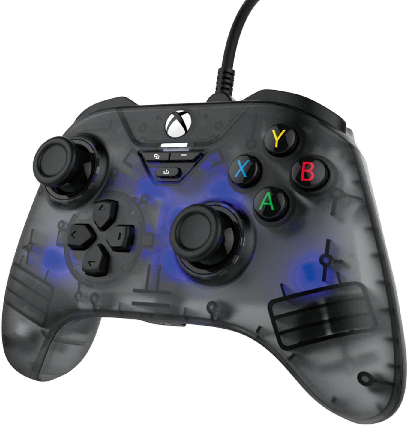 Egy átlátszó fekete Xbox kontroller. A gombok színkódoltak, egy kábellel.