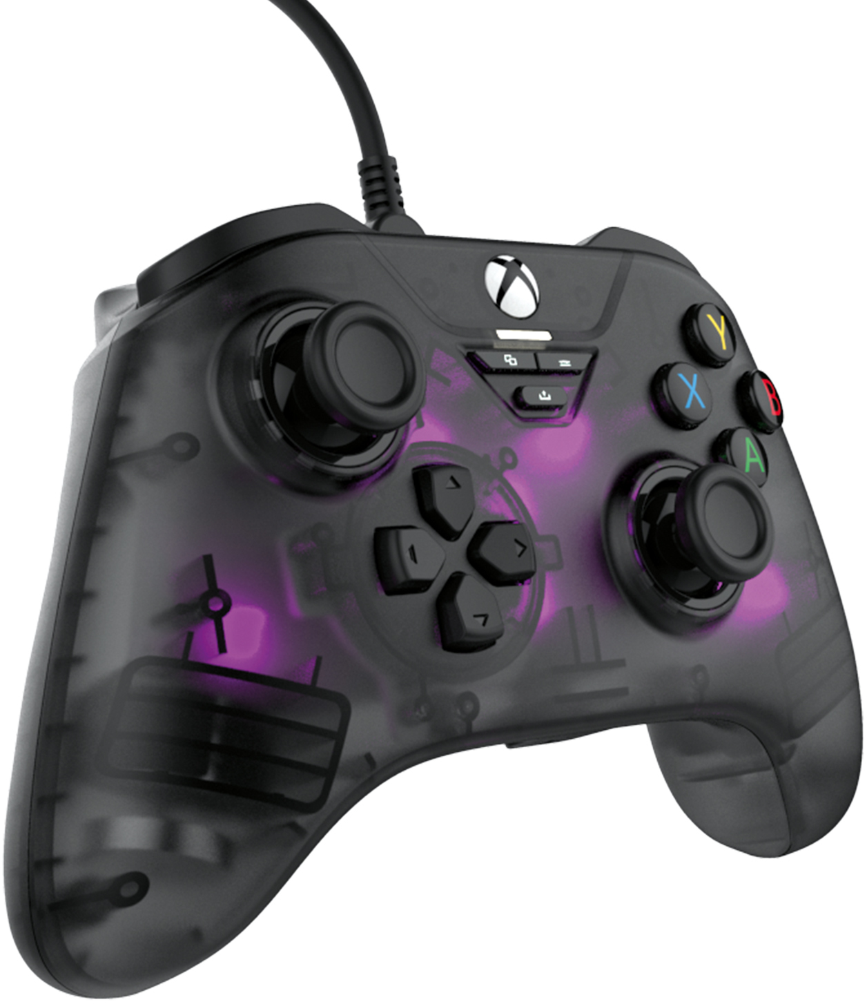 Egy fekete Xbox kontroller átlátszó műanyaggal. Lila fény világít benne. Több gomb látható.