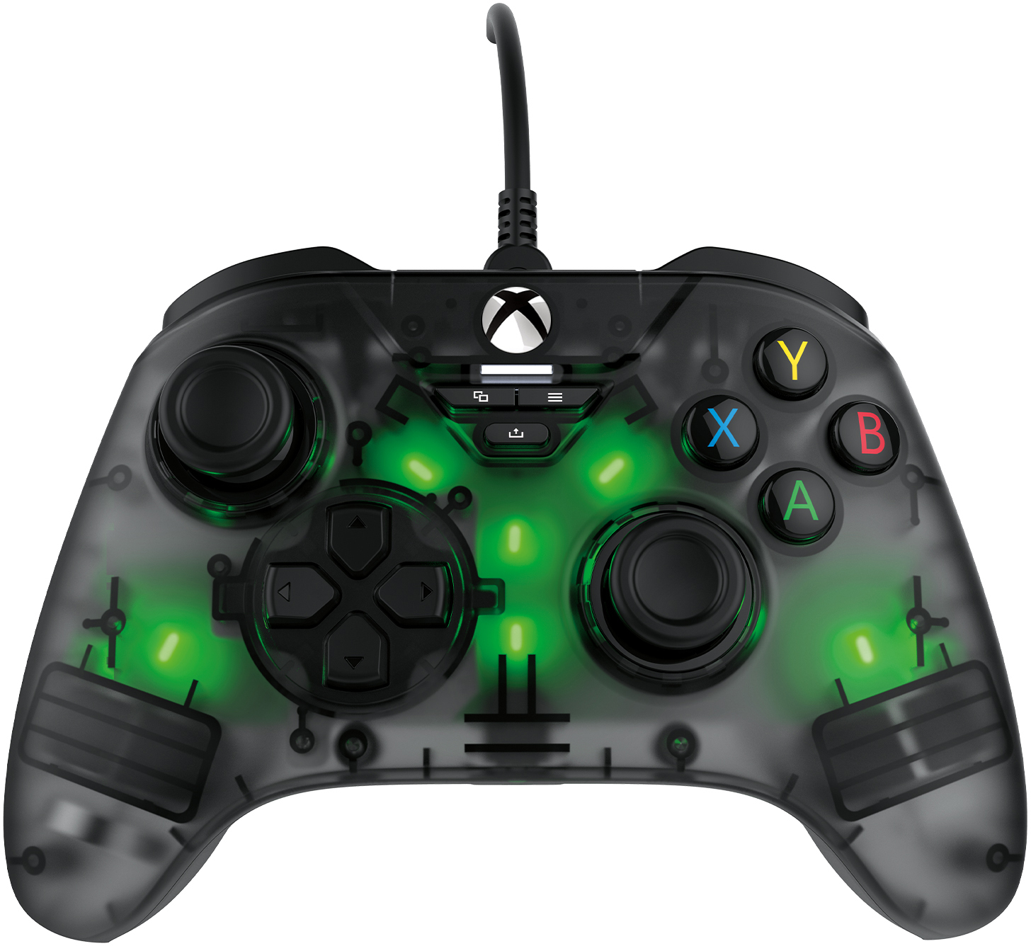 Átlátszó Xbox vezérlő zöld fényekkel. A vezérlő gombokkal és analóg karokkal rendelkezik.
