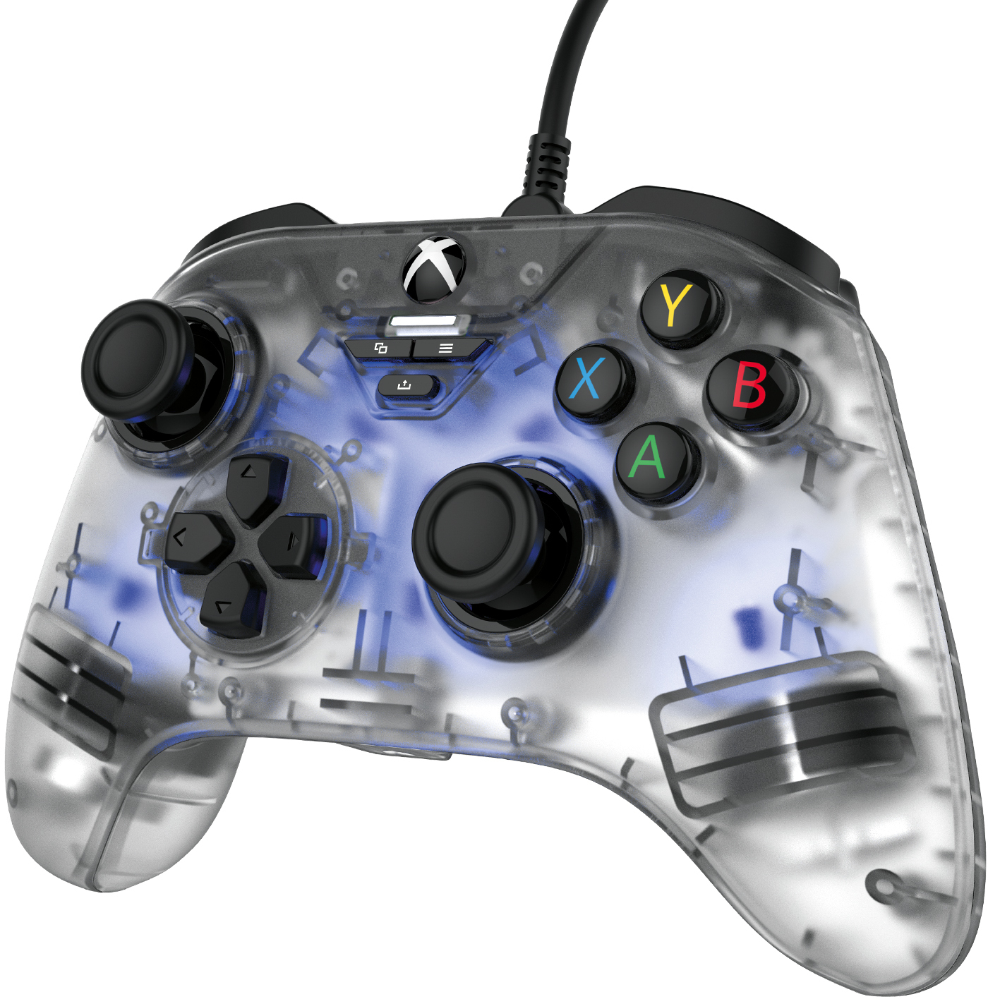 Átlátszó Xbox kontroller fekete joystickokkal, színes gombokkal és kábellel.