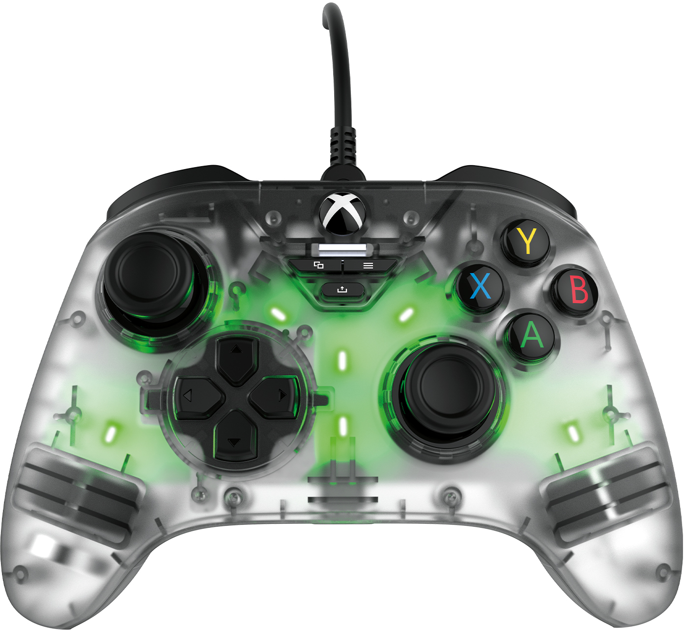 Átlátszó Xbox kontroller, zöld fénnyel.