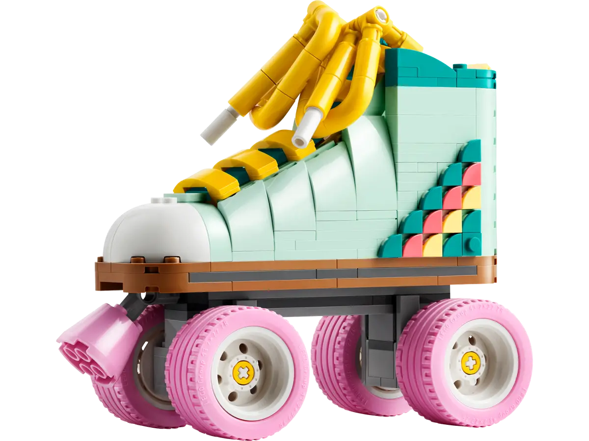 Model rolki Lego z różowymi kołami i czarnym tłem.