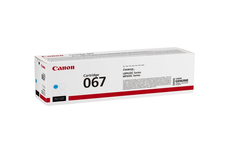Une boîte de cartouches Canon, blanche avec des accents rouges et cyan. Le texte indique 'Cartridge 067' et 'Canon'. Le fond est blanc.