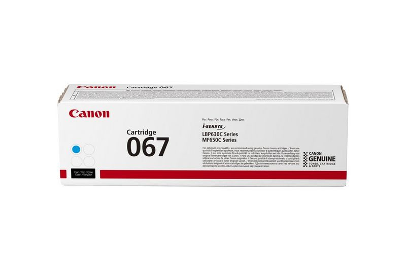 Une boîte de cartouches Canon. La boîte est blanche avec le logo Canon et le texte 'Cartridge 067'. La couleur cyan est visible.