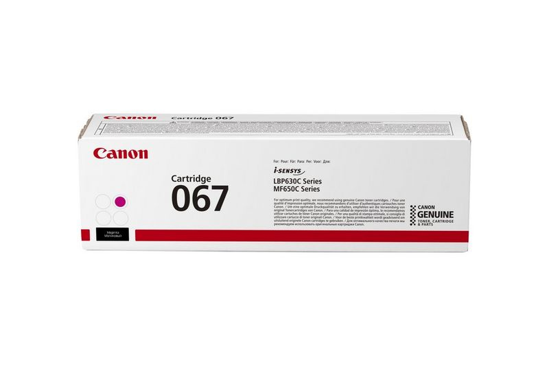 Canon Cartridge 067 Box. Weiß mit roten Akzenten. Enthält Magenta-Toner. Text enthält i-SENSYS und CANON GENUINE Logos.