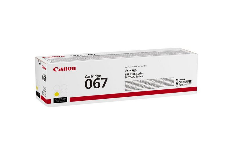 Scatola cartuccia Canon 067. Colori giallo e bianco. Il testo include 'i-SENSYS' e 'GENUINE TONER CARTRIDGE & PARTS'.