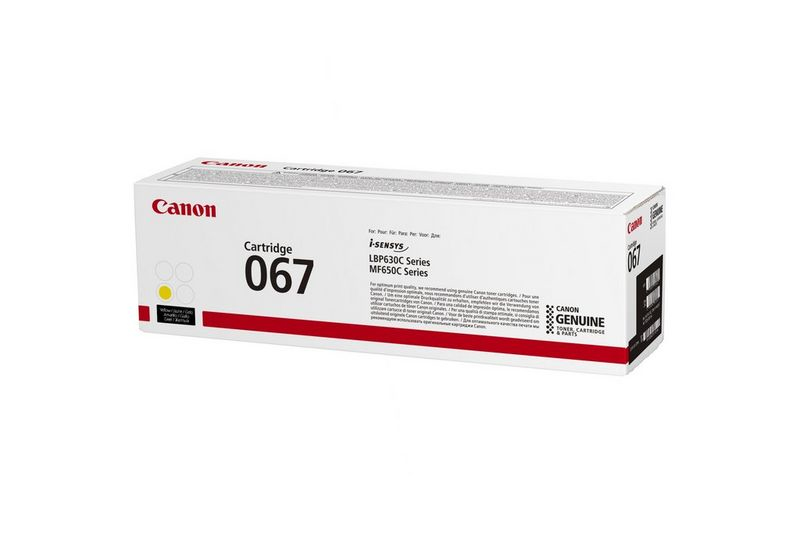 Una scatola di cartucce Canon, bianca e gialla, con la scritta 'Cartridge 067'. La scatola è per le serie i-SENSYS LBP630C e MF650C.