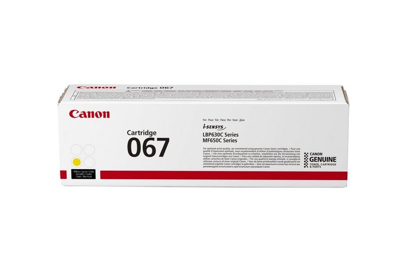 Una scatola di cartucce Canon, modello 067, è bianca con dettagli rossi. Il logo Canon e i dettagli del prodotto sono visibili.