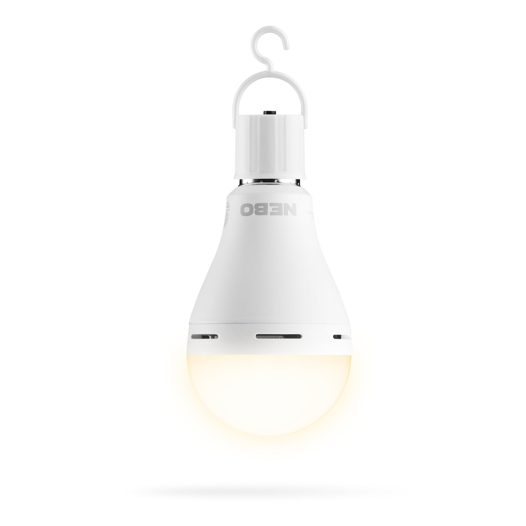 Weiße LED-Glühbirne mit Haken. Die Glühbirne ist an und strahlt ein warmes Licht aus.