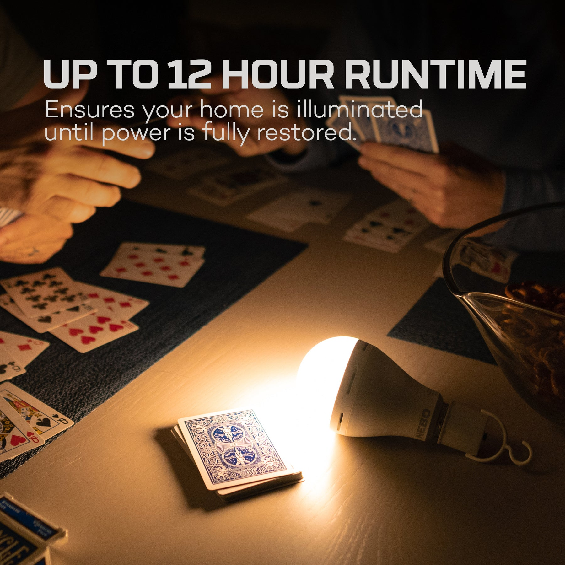 Eine leuchtende Glühbirne auf einem Tisch, mit Karten und einem Snack. Text: 'Up to 12 Hour Runtime'.