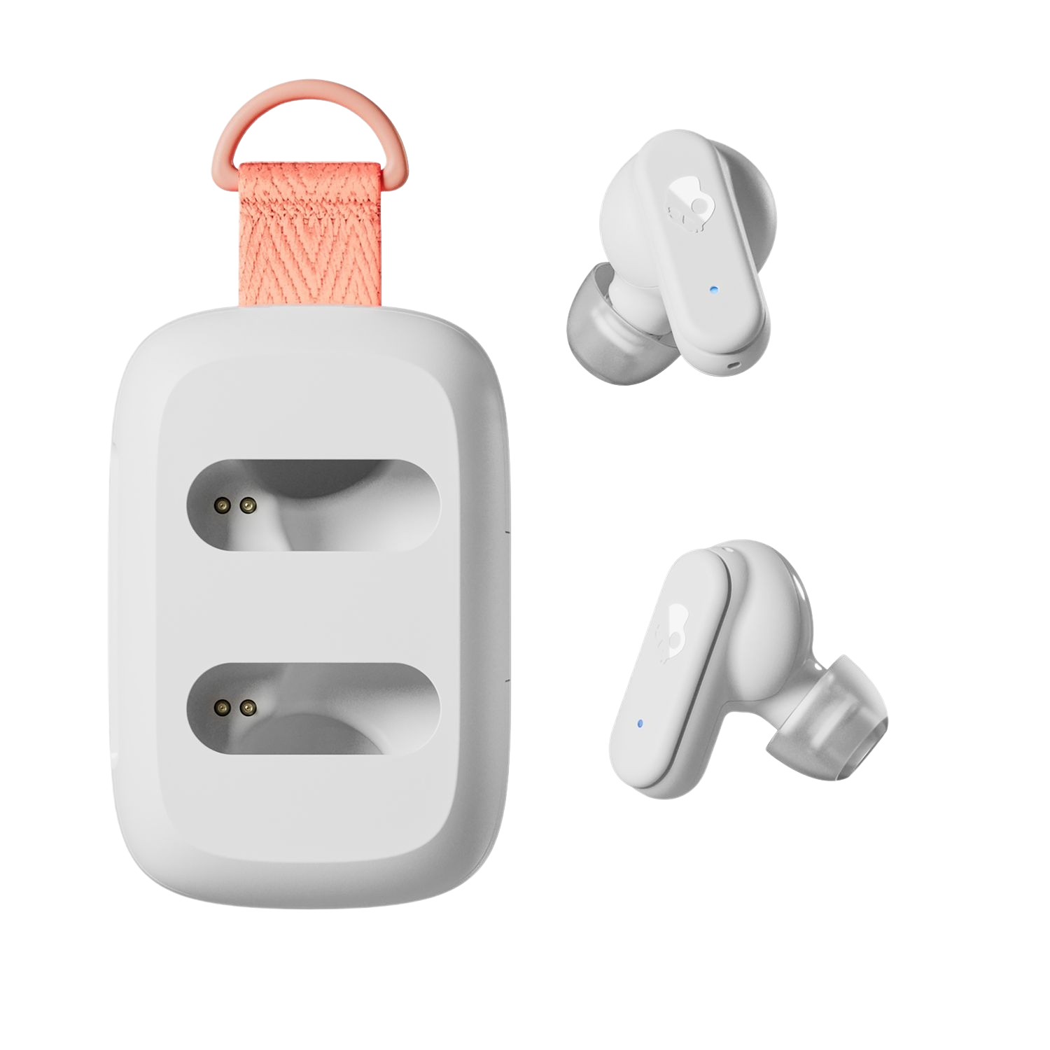 Witte oordopjes oplaadcase en twee witte oordopjes. Roze band op de case.