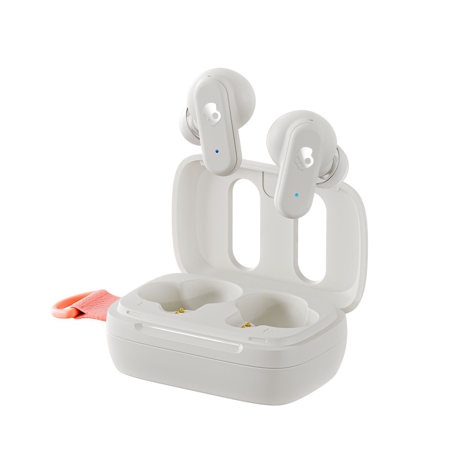Witte Skullcandy draadloze oordopjes en oplaadcase. De case is open, de oordopjes zijn zichtbaar.