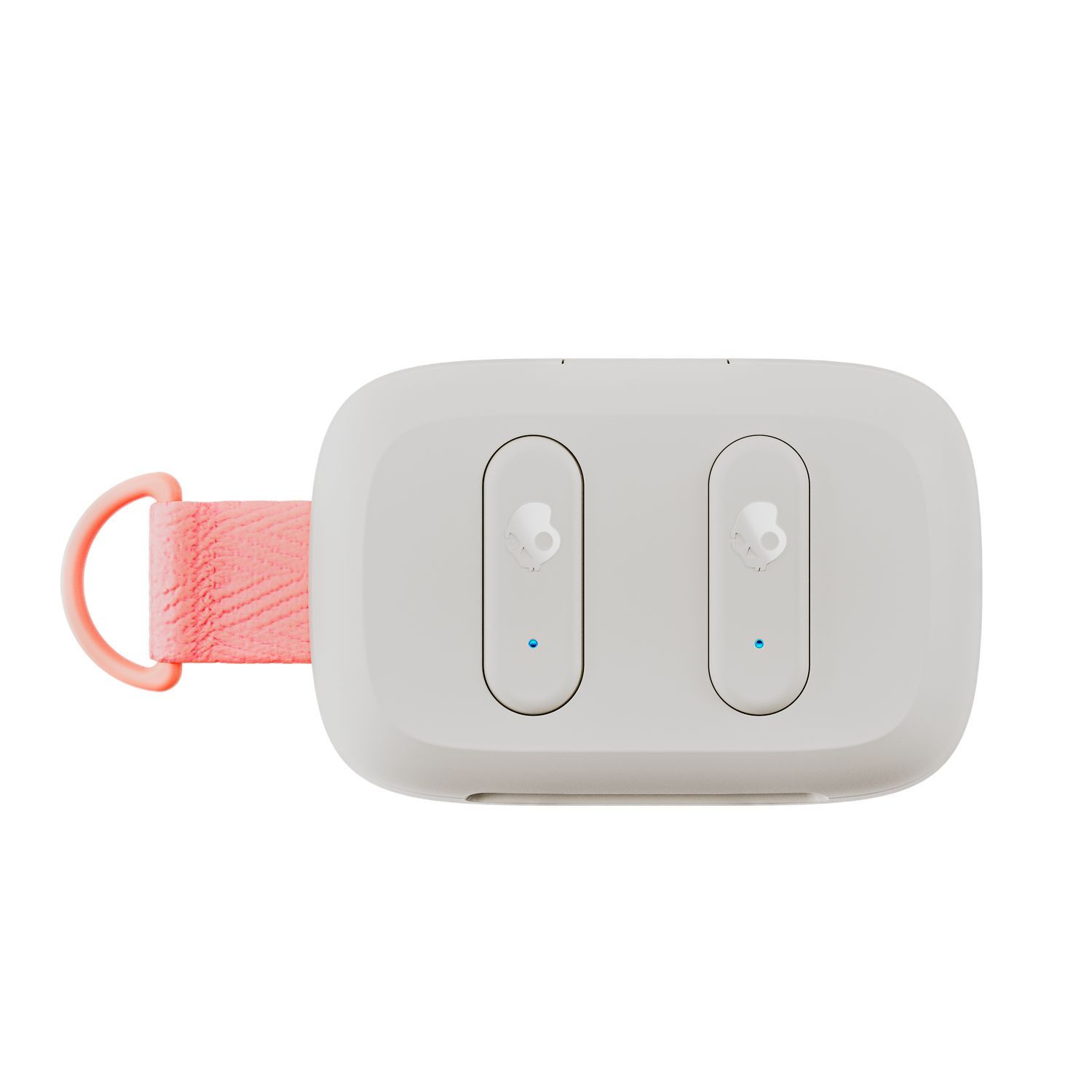 Een wit, rechthoekig object met een kleine lus aan de zijkant en een roze band.