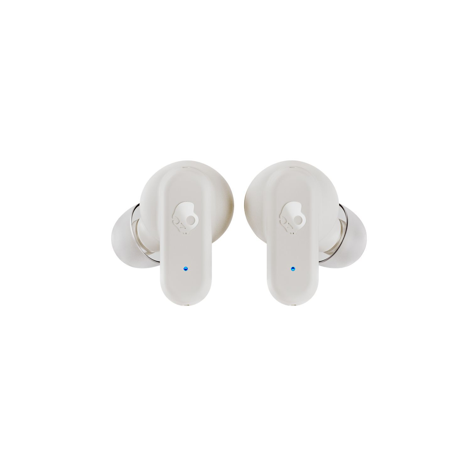 Twee witte Skullcandy oortelefoons met een blauwe stip, geïsoleerd.