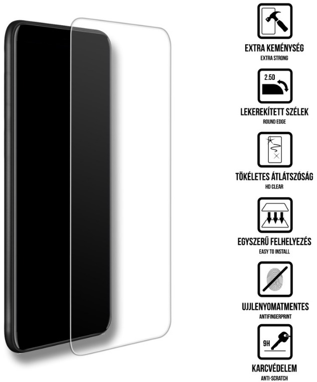 Egy telefon képernyővédővel. A védő átlátszó, a telefon fekete. Ikonok írják le a funkciókat, mint a karcállóság.