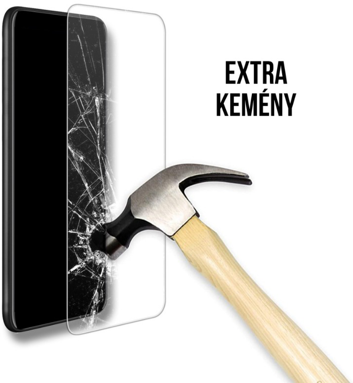 Egy kalapács üti a képernyővédőt egy telefonon. A védő sértetlen, a telefon képernyője repedt. Szöveg: EXTRA KEMÉNY.
