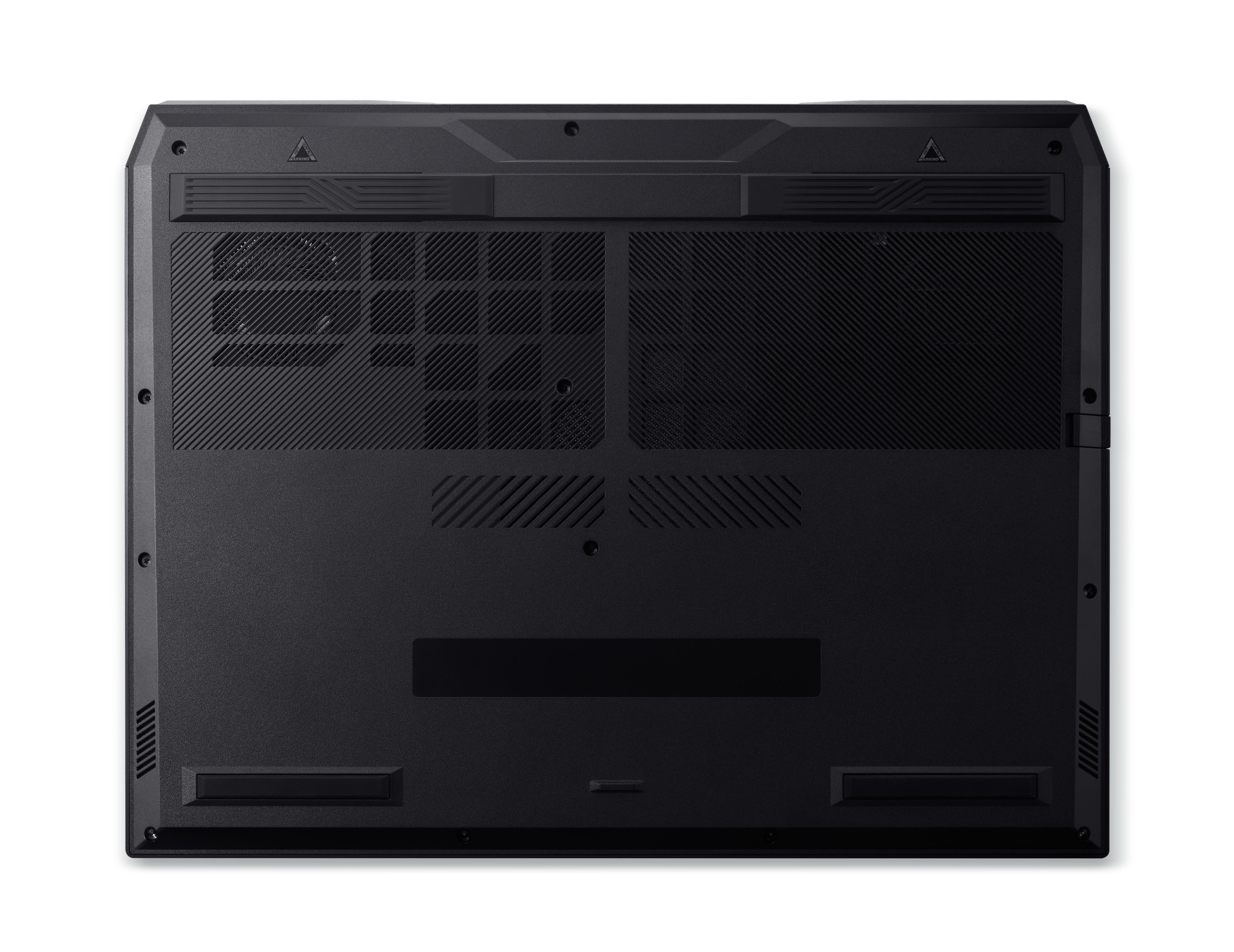 Die Unterseite eines schwarzen Acer-Laptops mit Lüftungsschlitzen und Schrauben.