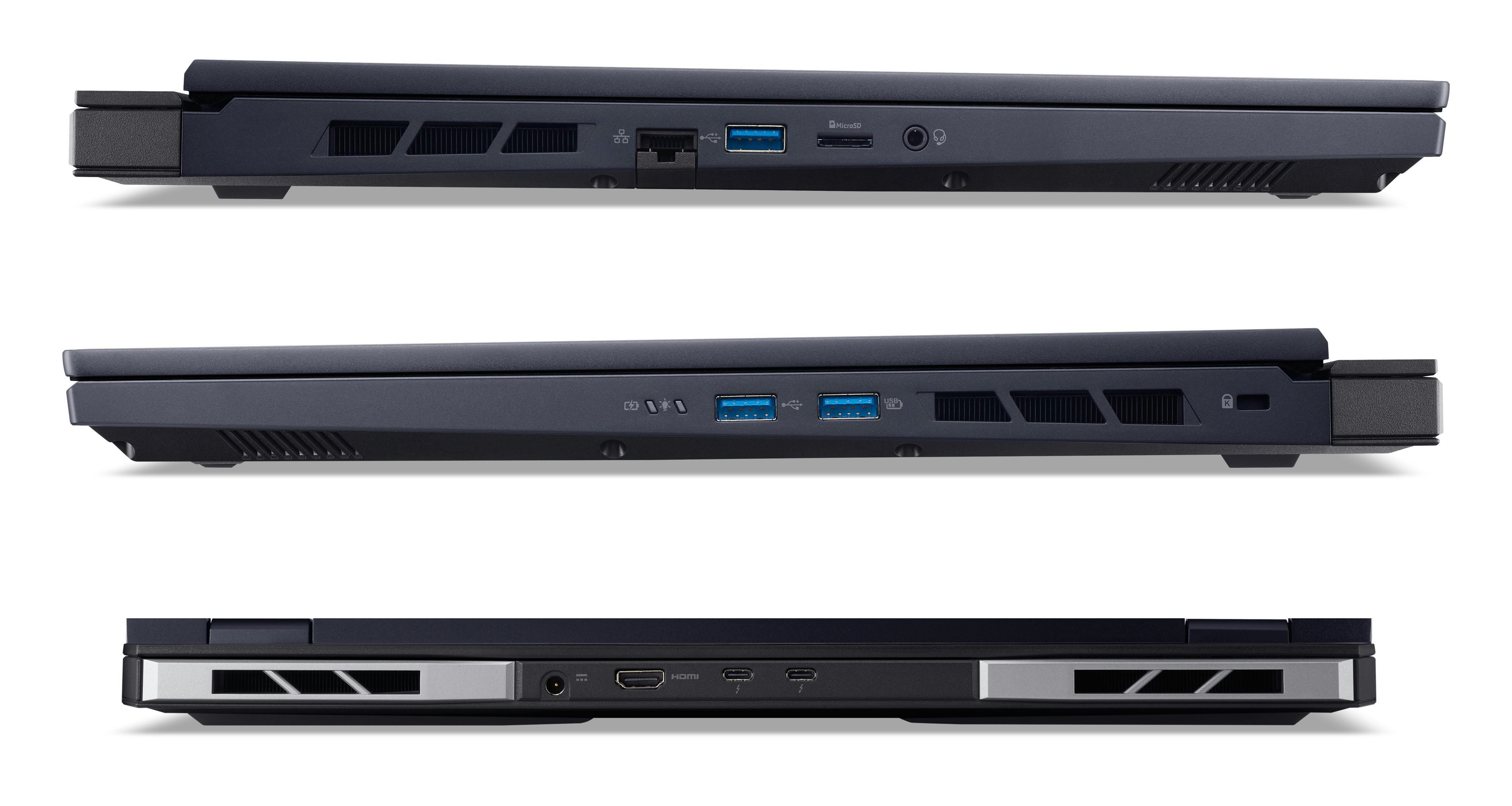 Drei Ansichten eines dunklen Laptops: oben, Seite mit Anschlüssen und unten. Auf weißem Grund.