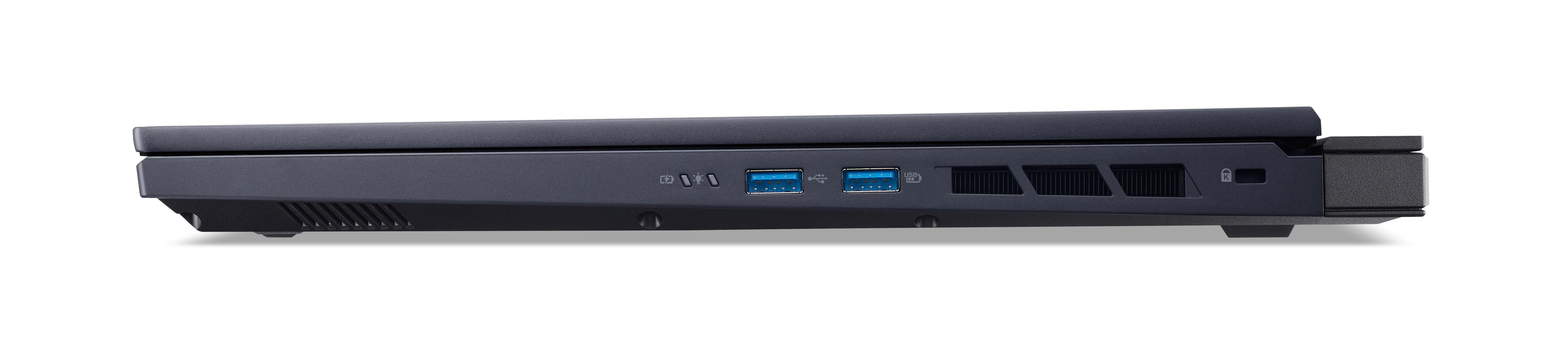 Seitenansicht eines schwarzen Laptops mit Anschlüssen und Belüftung.