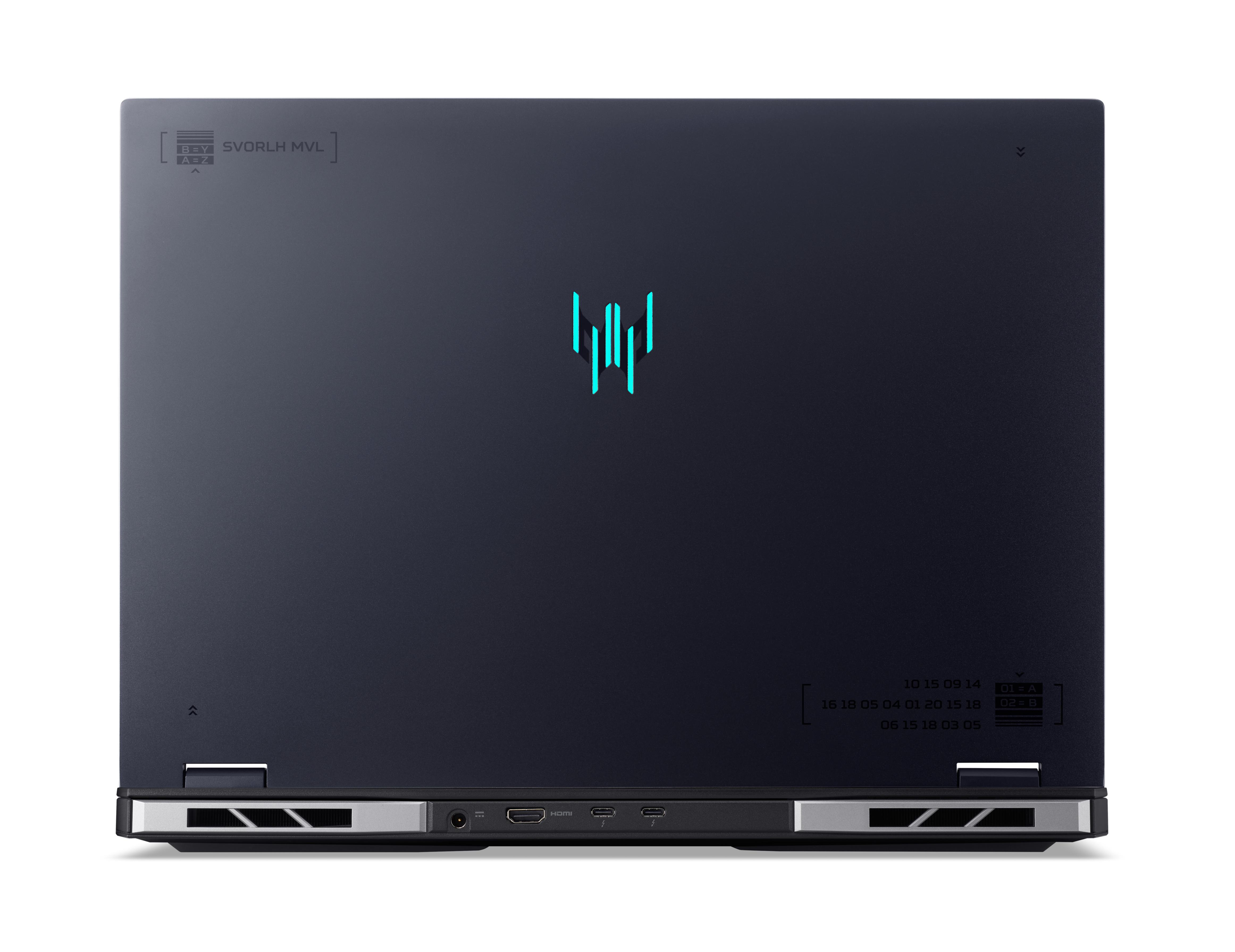 Dunkelblauer Laptop-Rücken mit leuchtendem Logo und einer Reihe von Zahlen und Buchstaben.