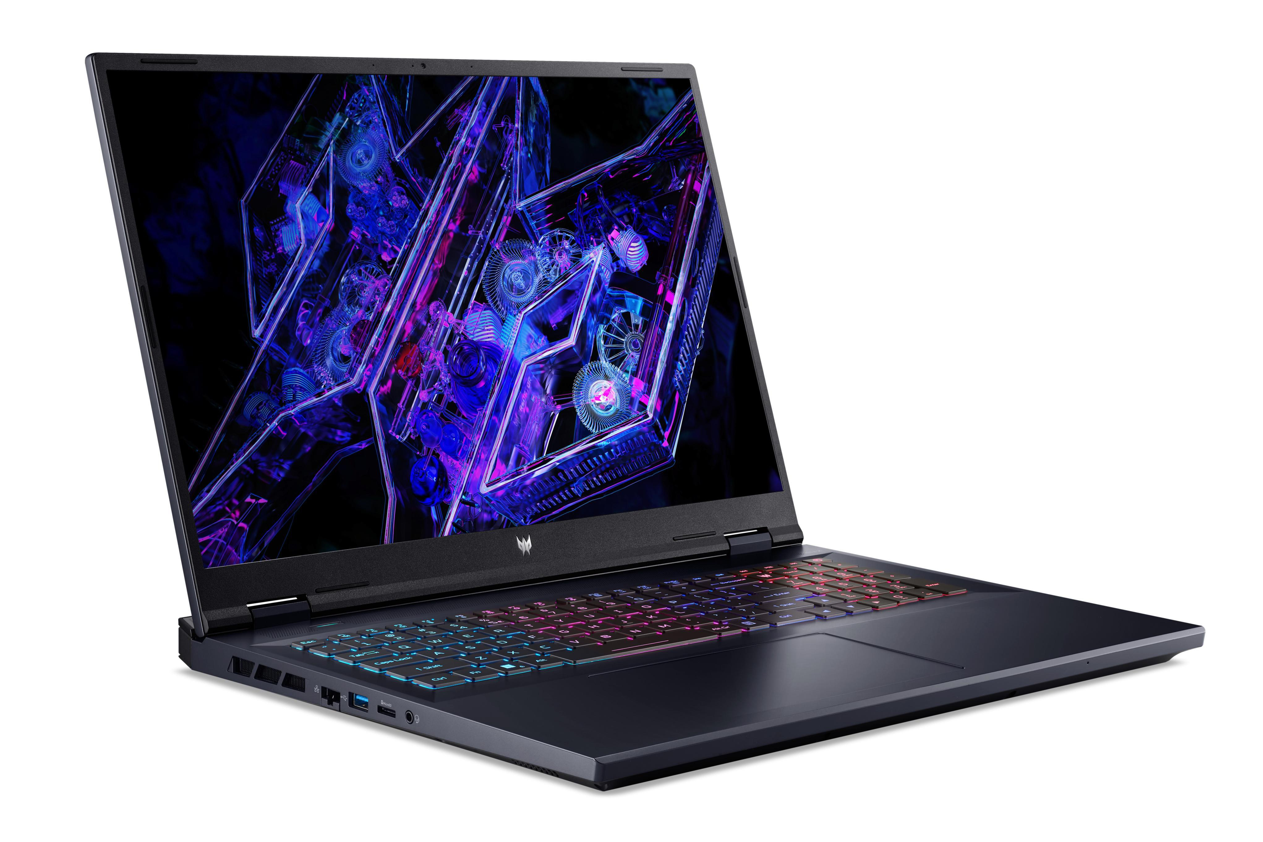 Ein schwarzer Laptop mit farbenfrohem Bildschirm und Tastatur, geöffnet auf weißem Hintergrund.