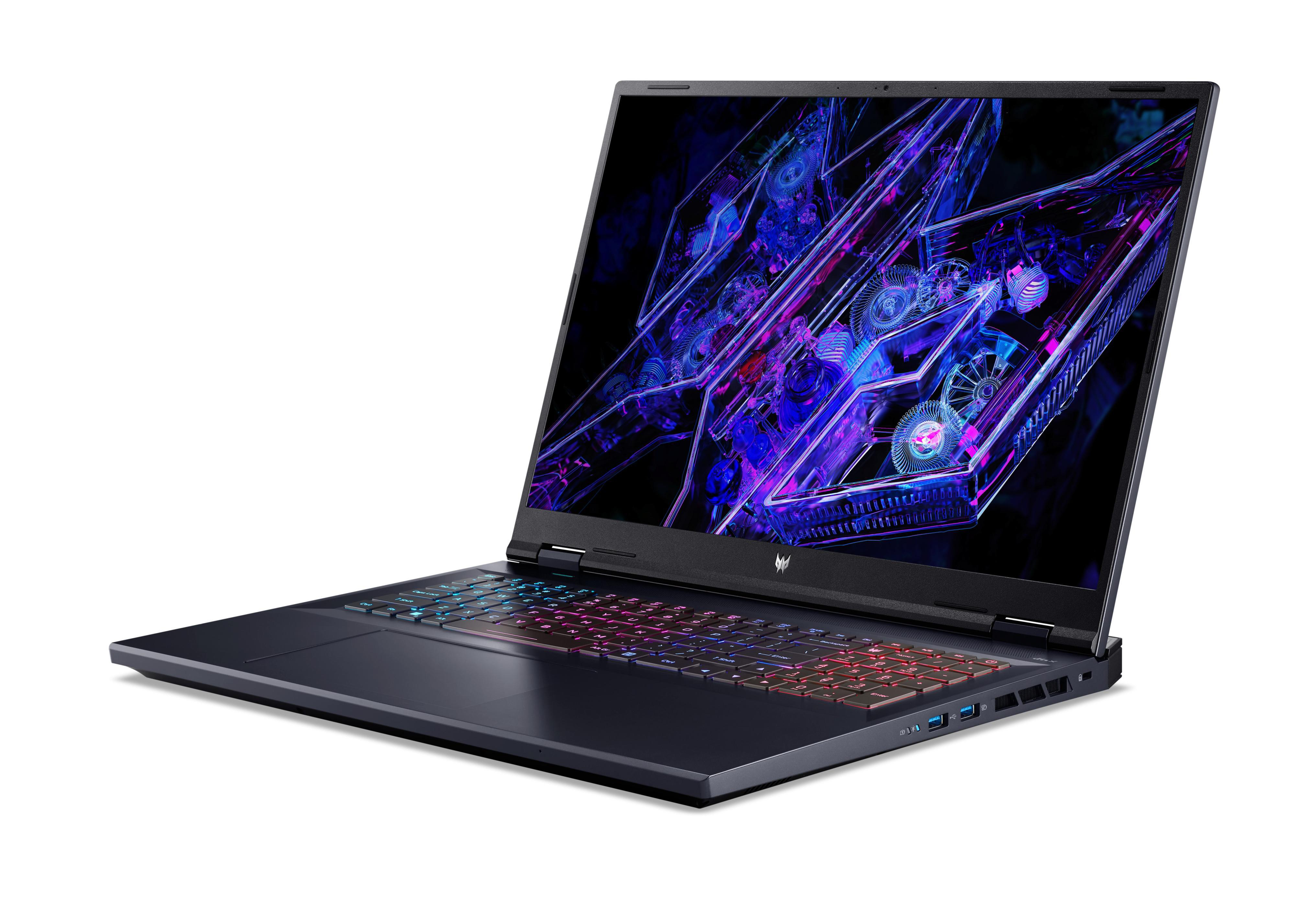 Ein schwarzer Laptop mit bunter Tastatur, geöffnet auf weißer Oberfläche.