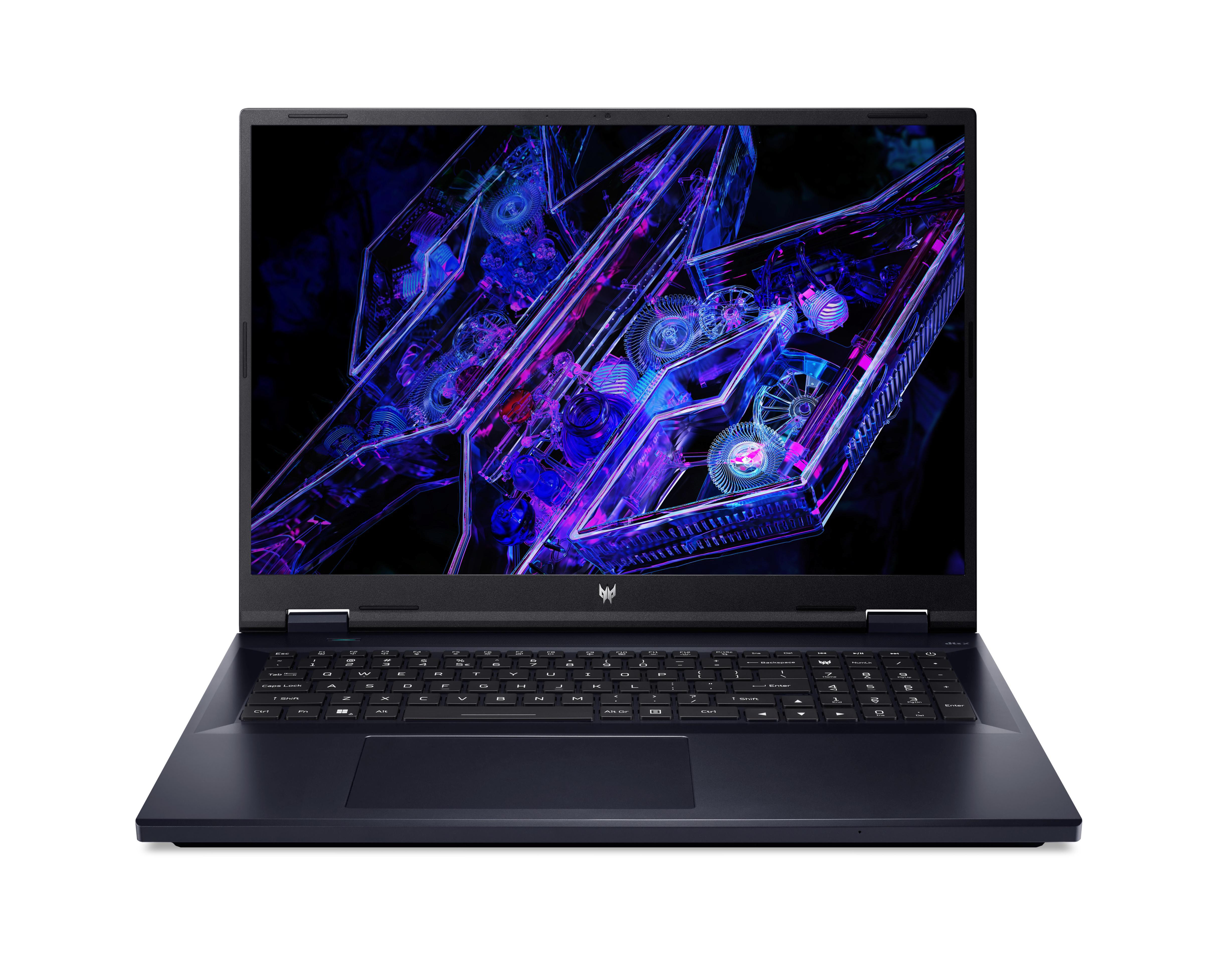 Schwarzer Laptop, geöffnet auf weißem Hintergrund. Bildschirm zeigt farbenfrohes, abstraktes Design.