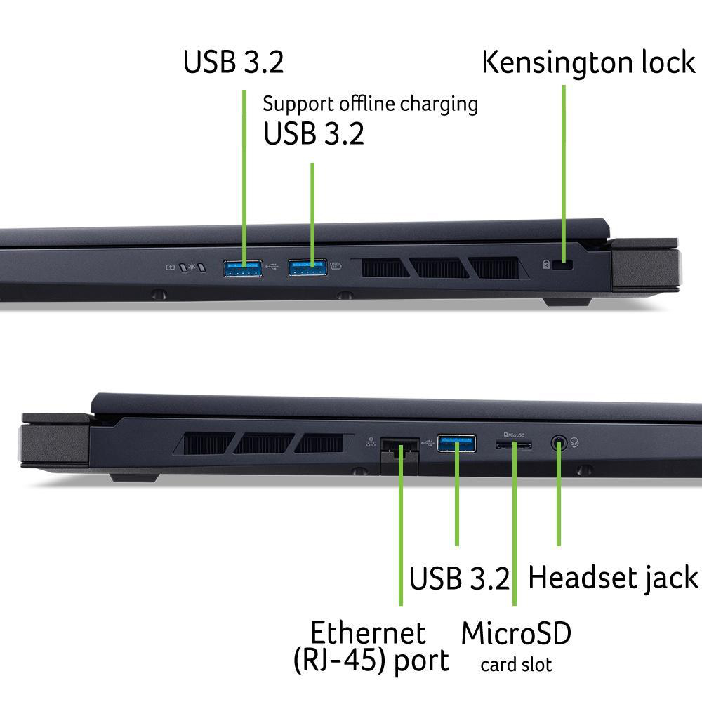 Laptop-Anschlüsse: USB 3.2, Ethernet und Kopfhöreranschluss, mit Beschriftungen. Schwarze Farbe.