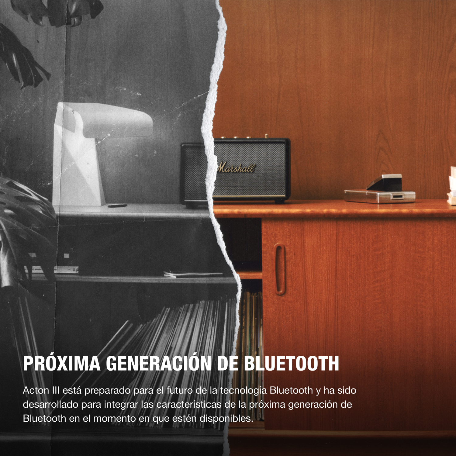 Imagen dividida: Lado en blanco y negro mostrando discos, lado en color con altavoz Marshall y mueble.