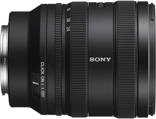 Schwarzes Kameraobjektiv mit markierten Brennweiten. Sony-Logo ist sichtbar.