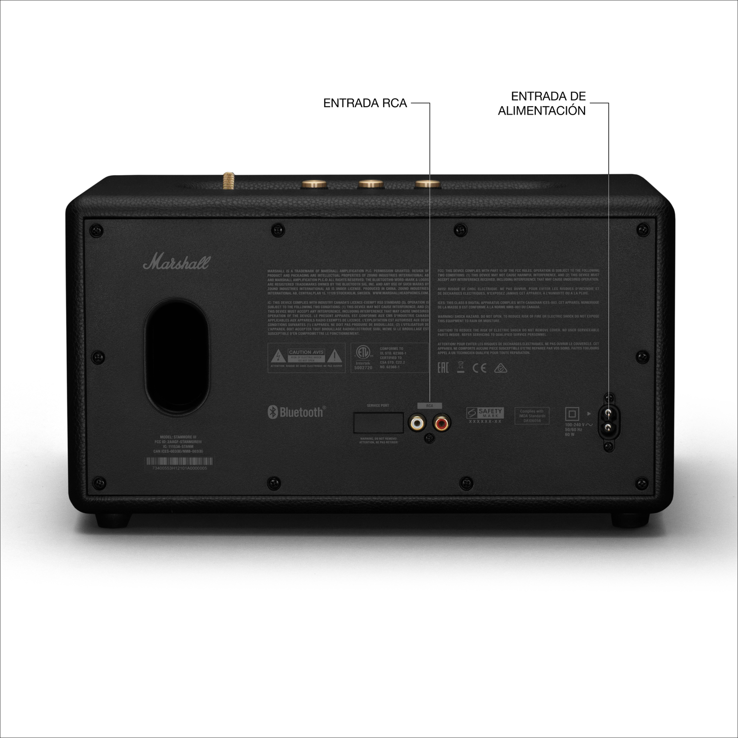 Parte trasera de un altavoz Marshall negro con etiquetas y puertos, aislado sobre fondo blanco.