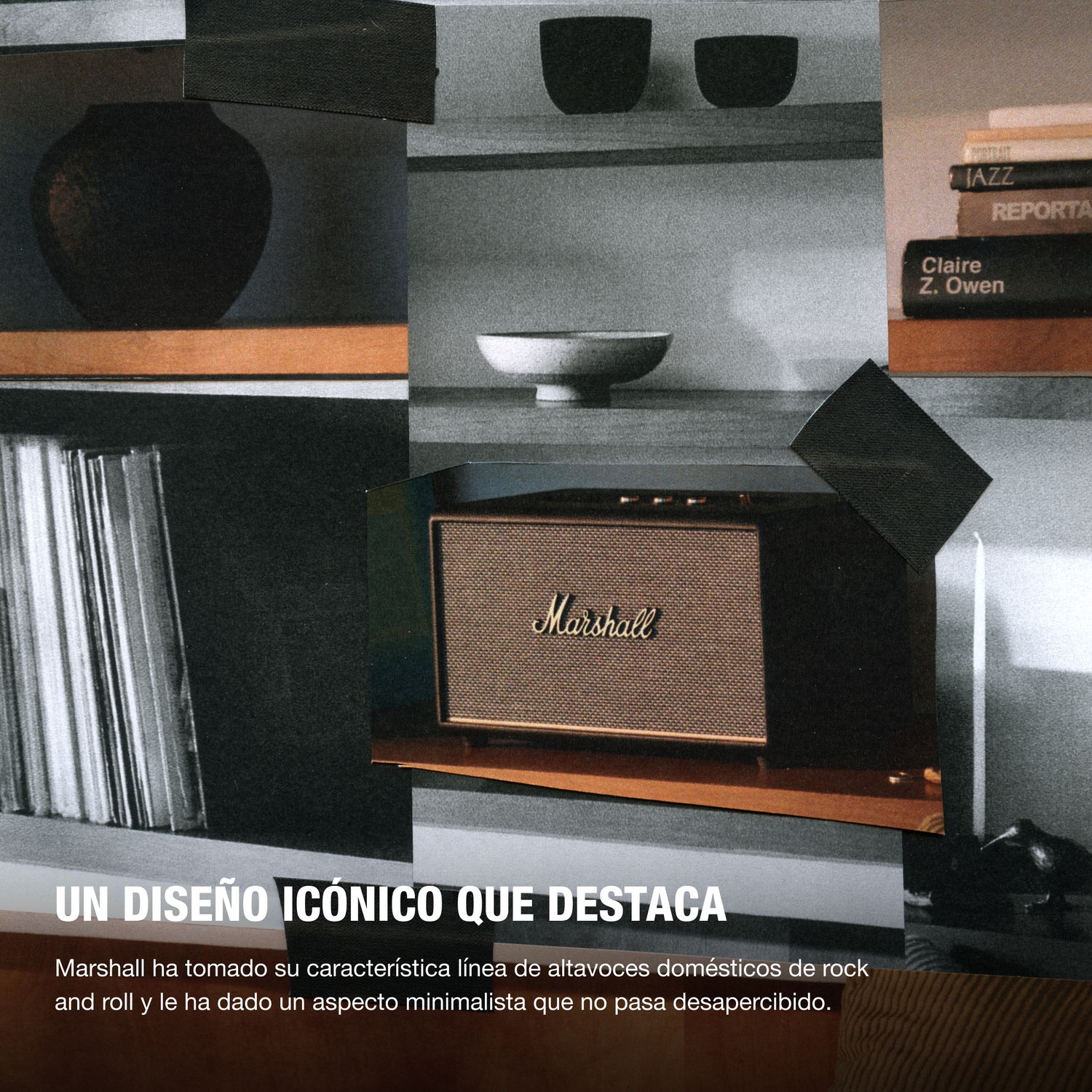 Un anuncio. Un altavoz Marshall en un estante, otros objetos en estantes y texto en la parte inferior.