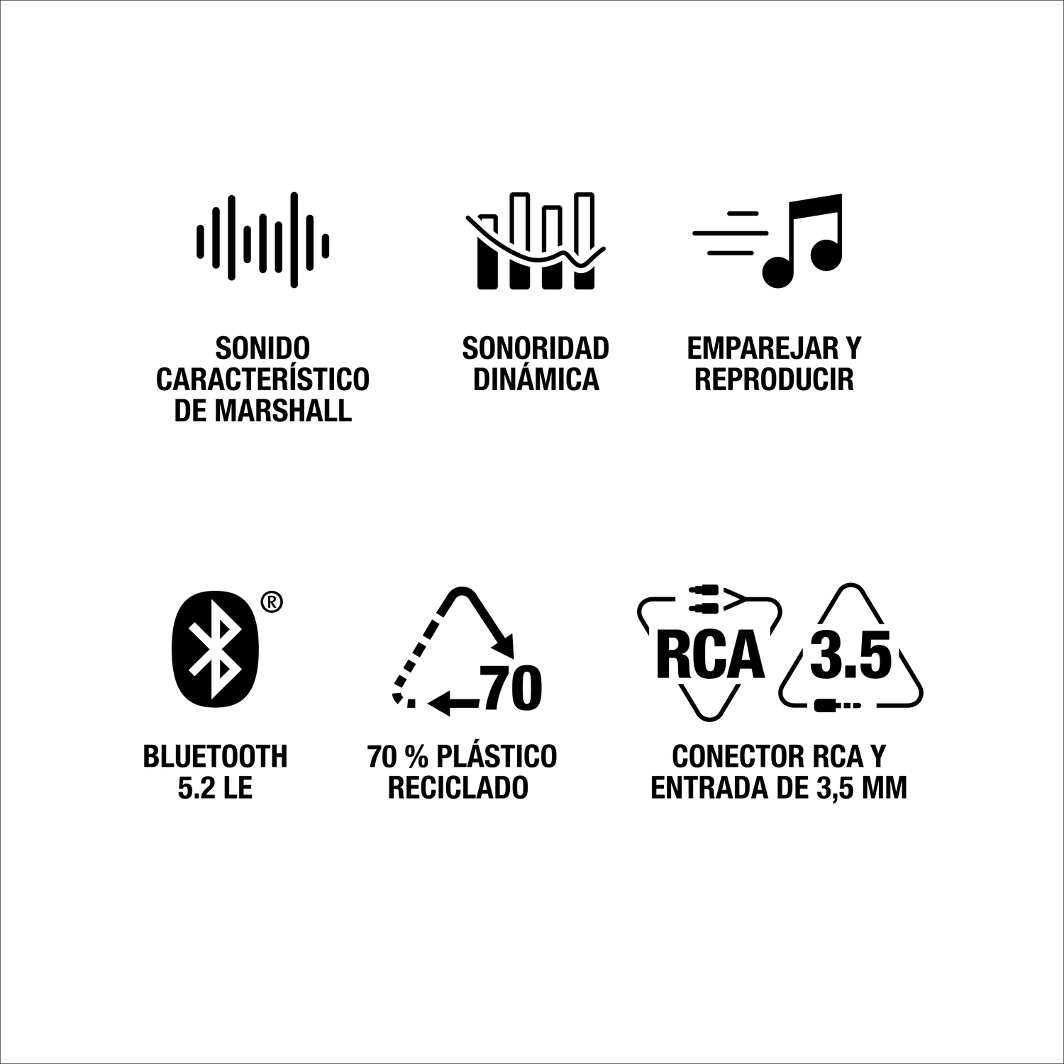 Iconos: sonido, sonido dinámico, emparejar/reproducir, Bluetooth, plástico reciclado y RCA/3,5 mm.