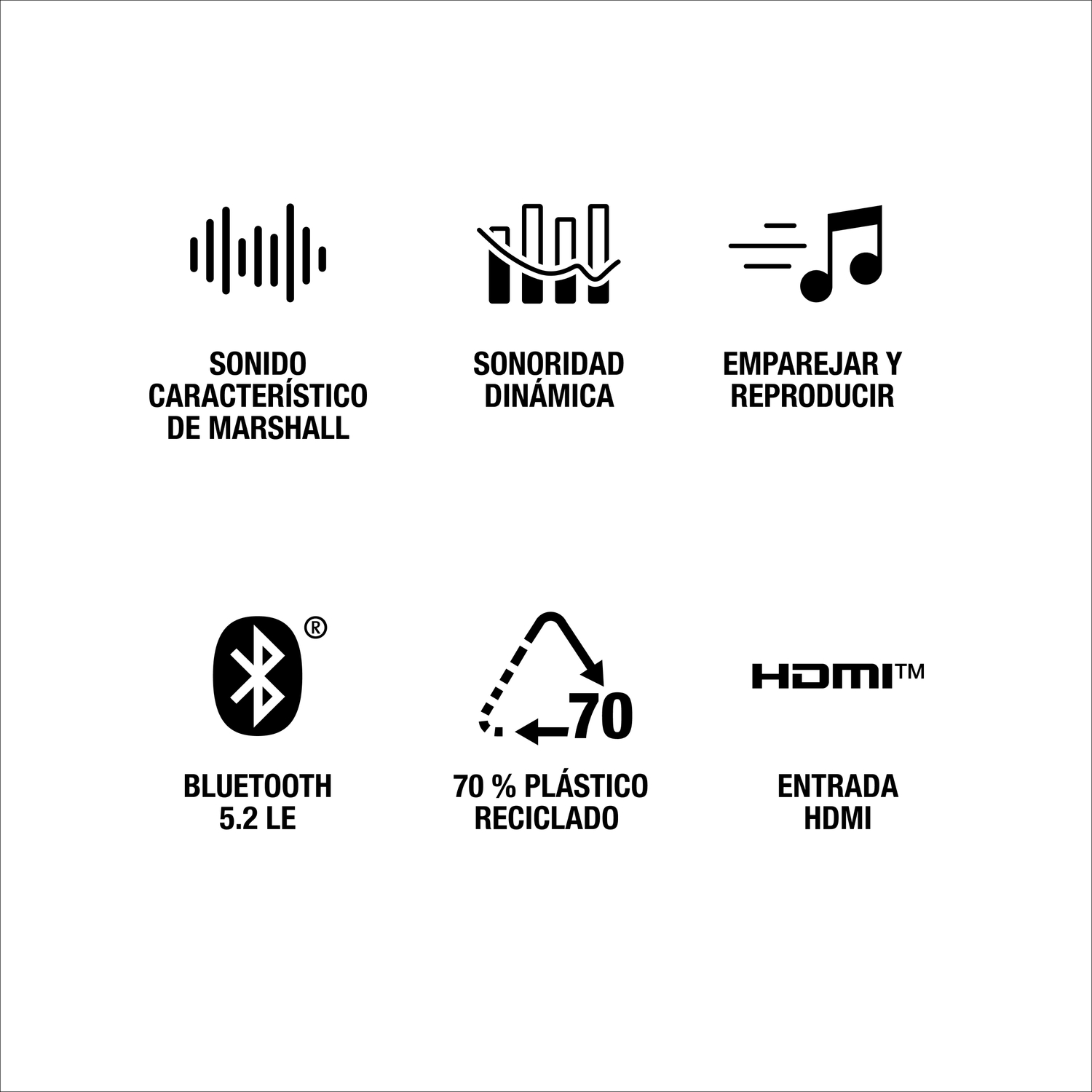 Iconos con texto, incluyendo sonido Marshall, sonido dinámico, Bluetooth y entrada HDMI.