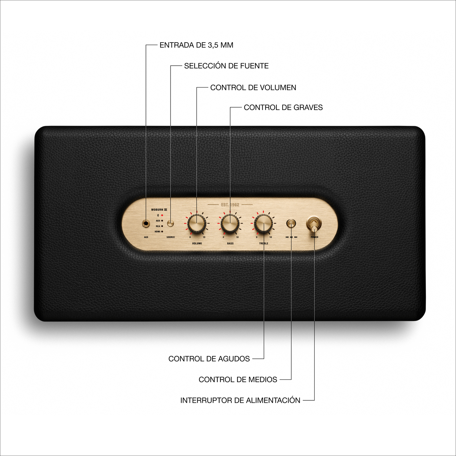 Altavoz Marshall negro con controles dorados. Tiene perillas de volumen, graves y agudos, y selección de fuente.