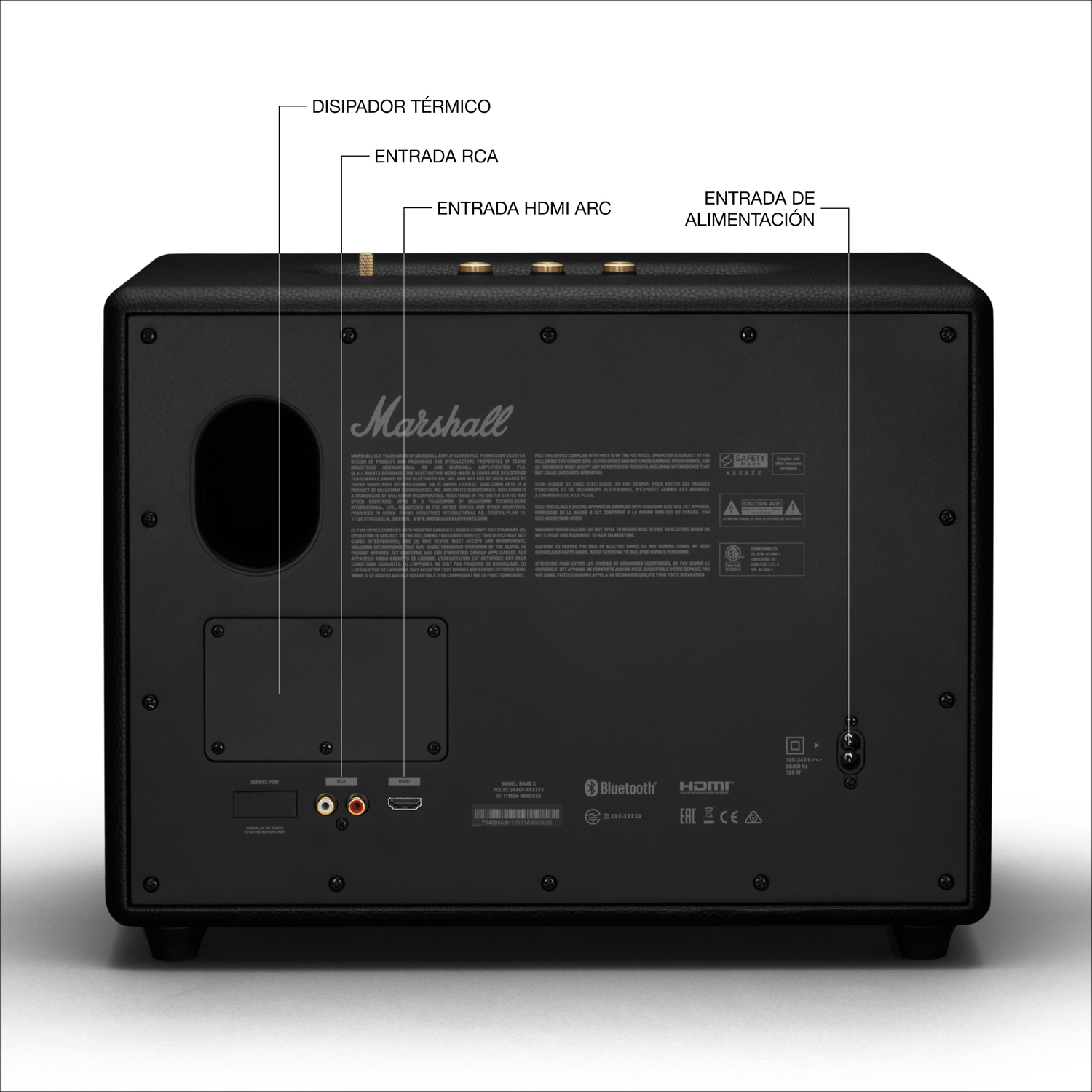 Panel trasero del altavoz Marshall negro, con puertos de conexión y etiquetas visibles.