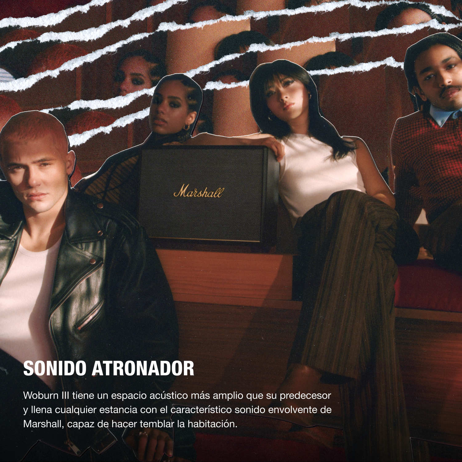 Grupo de personas mirando un altavoz Marshall; texto 'SONIDO ATRONADOR'.