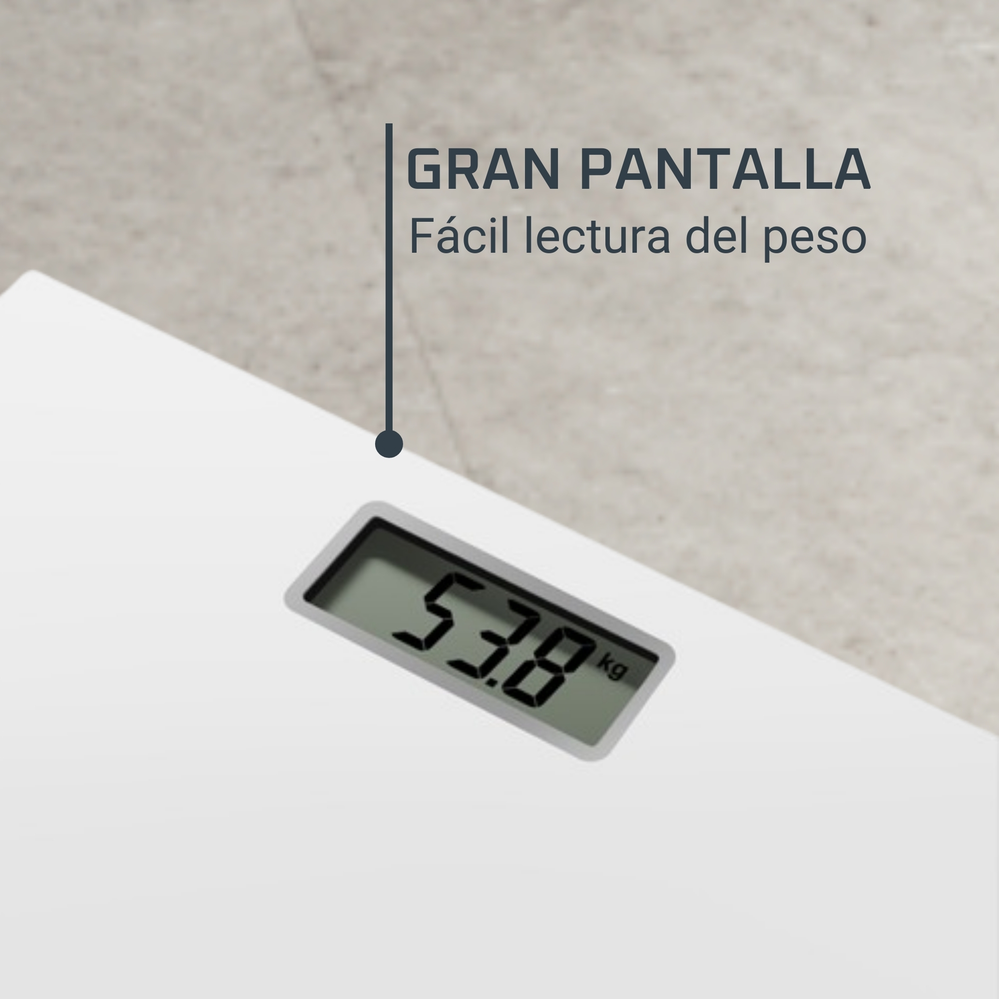 Balanza digital mostrando 53.8 kg, con texto superior en español.