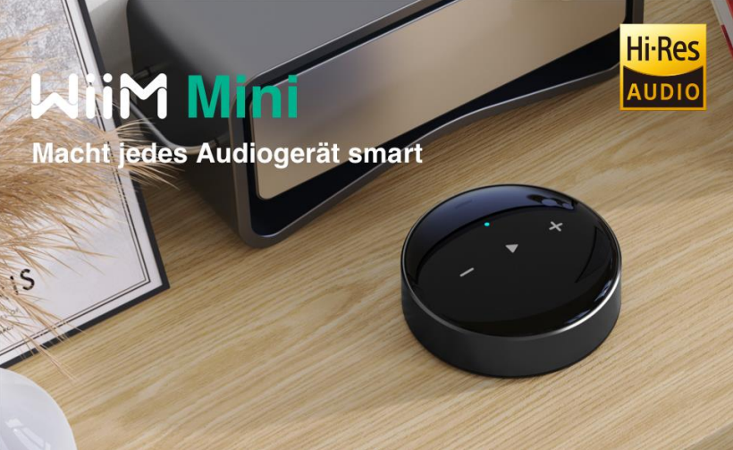 Schwarzes Gerät mit Bedienelementen auf einem Holztisch. Text: 'WiiM Mini'.