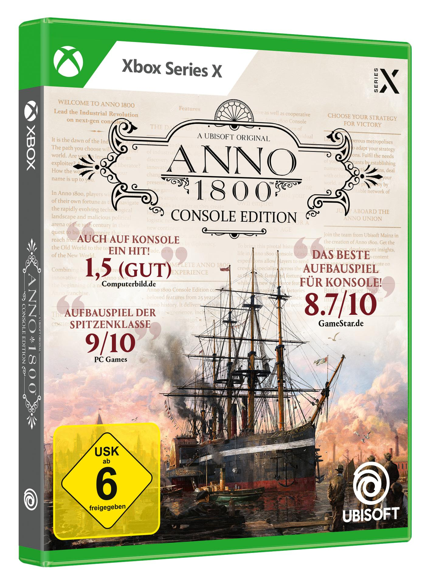 Spielbox mit Schiff. Text enthält Anno 1800 und Xbox Series X.
