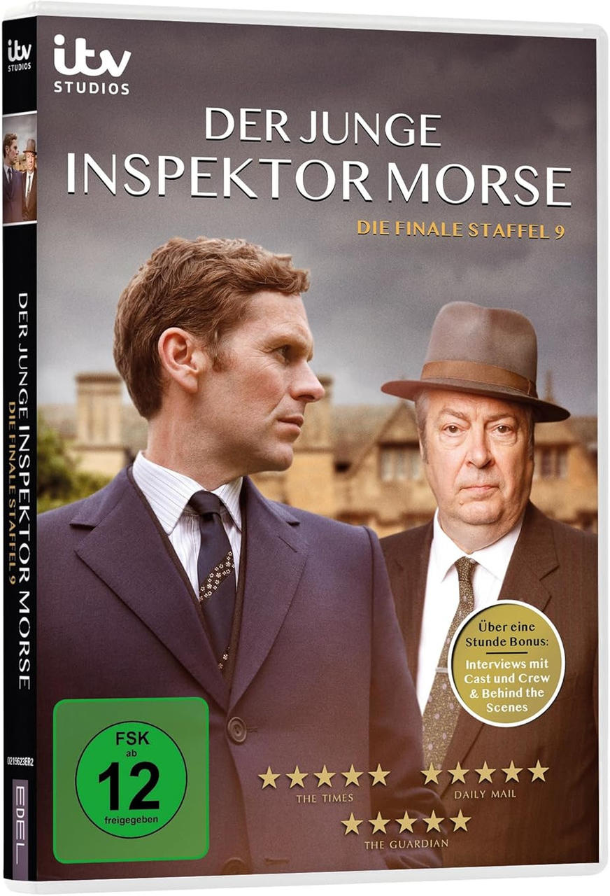 DVD-Hülle. Zwei Männer in Anzügen. Text: Der Junge Inspektor Morse. Logos: The Times, Daily Mail, The Guardian.
