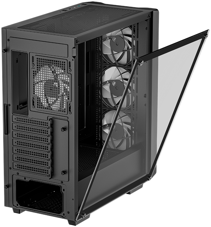 Egy fekete számítógépház nyitott üveg oldallappal, ventilátorokkal és belső alkatrészekkel.