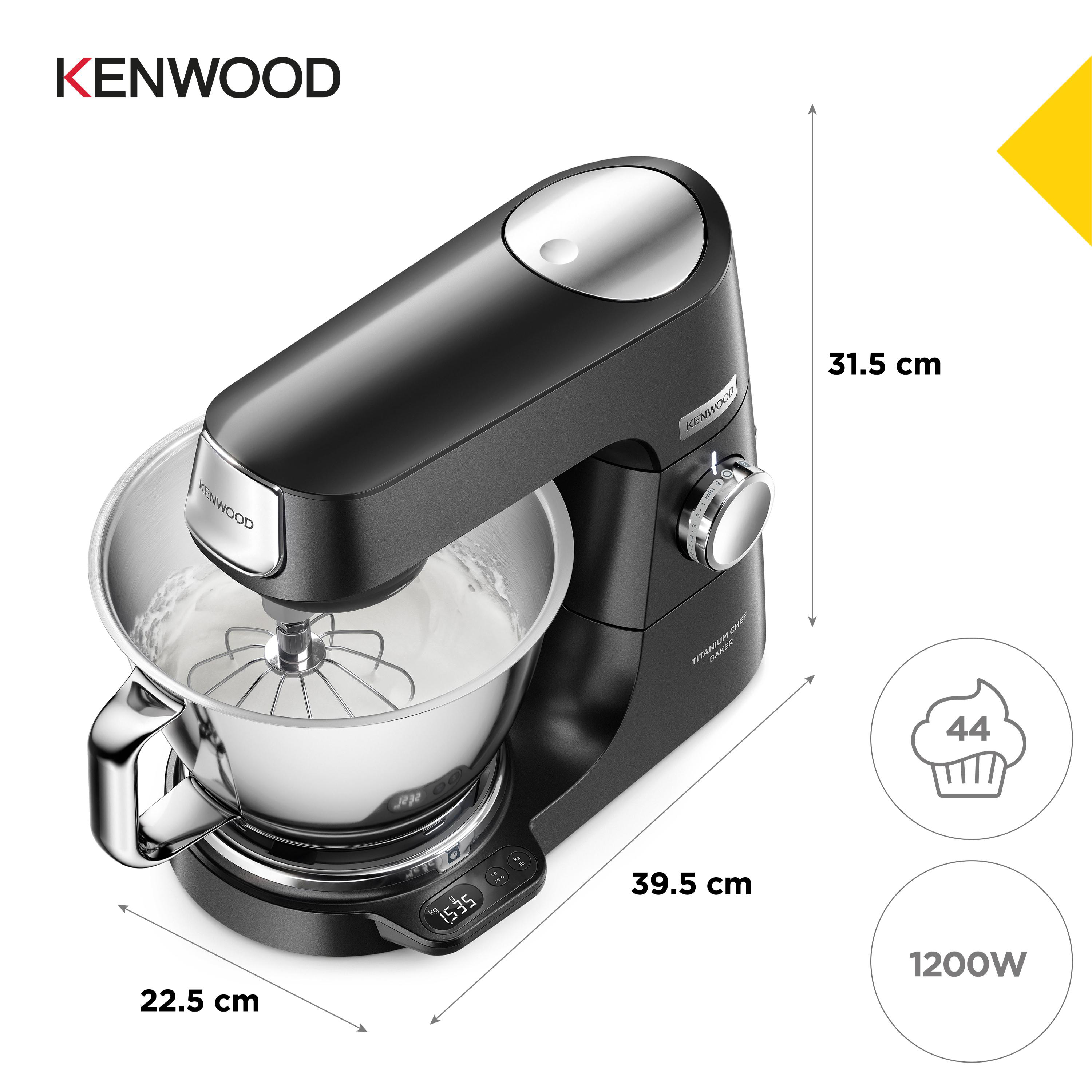 Schwarzer Kenwood Küchenmixer. Schüssel mit Sahne. Abmessungen, 1200W und 44 Cupcake-Symbol.