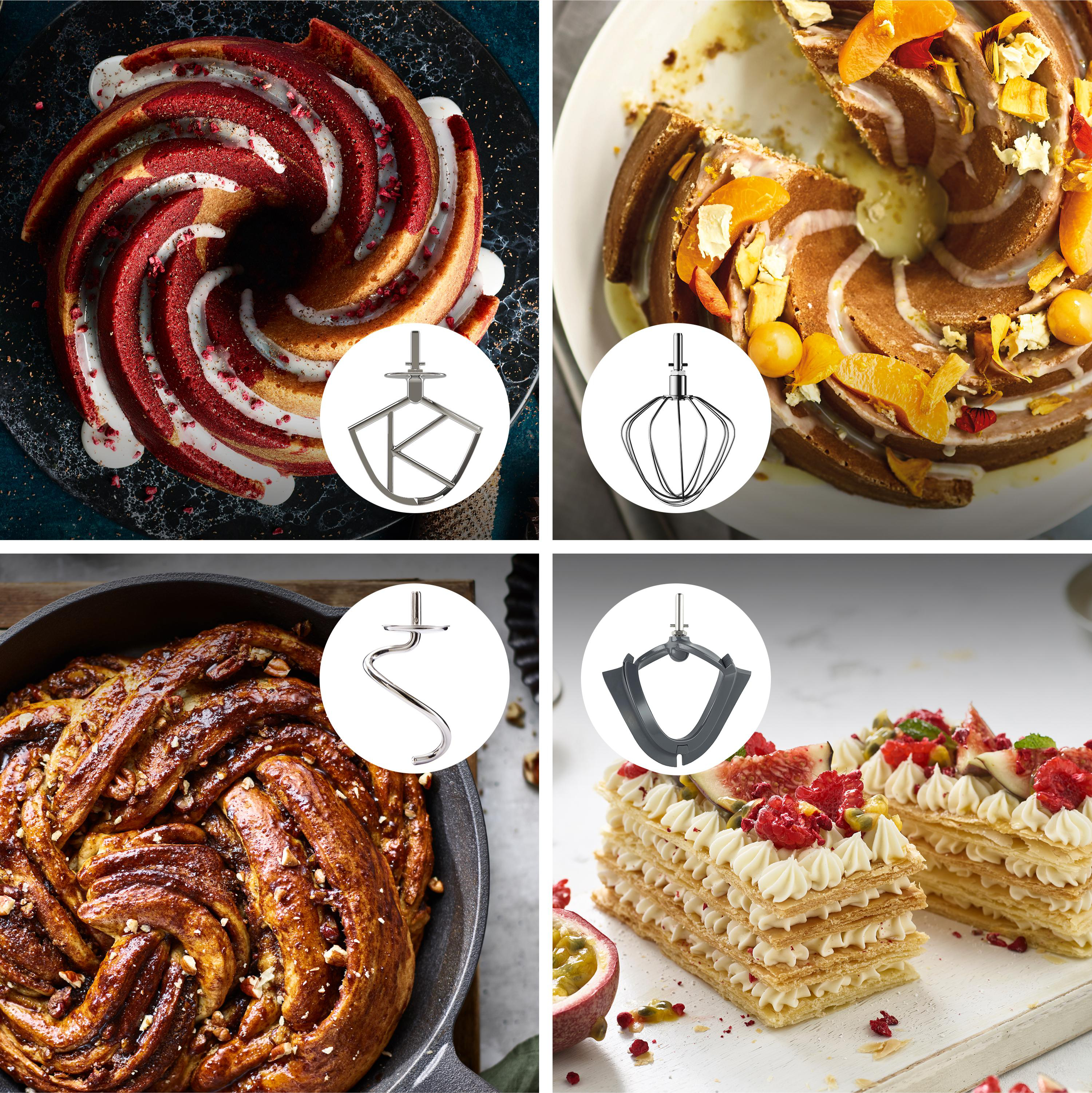 Vier Bilder von Kuchen und Aufsätzen. Oben links: roter Samt. Oben rechts: Kuchen mit Früchten.