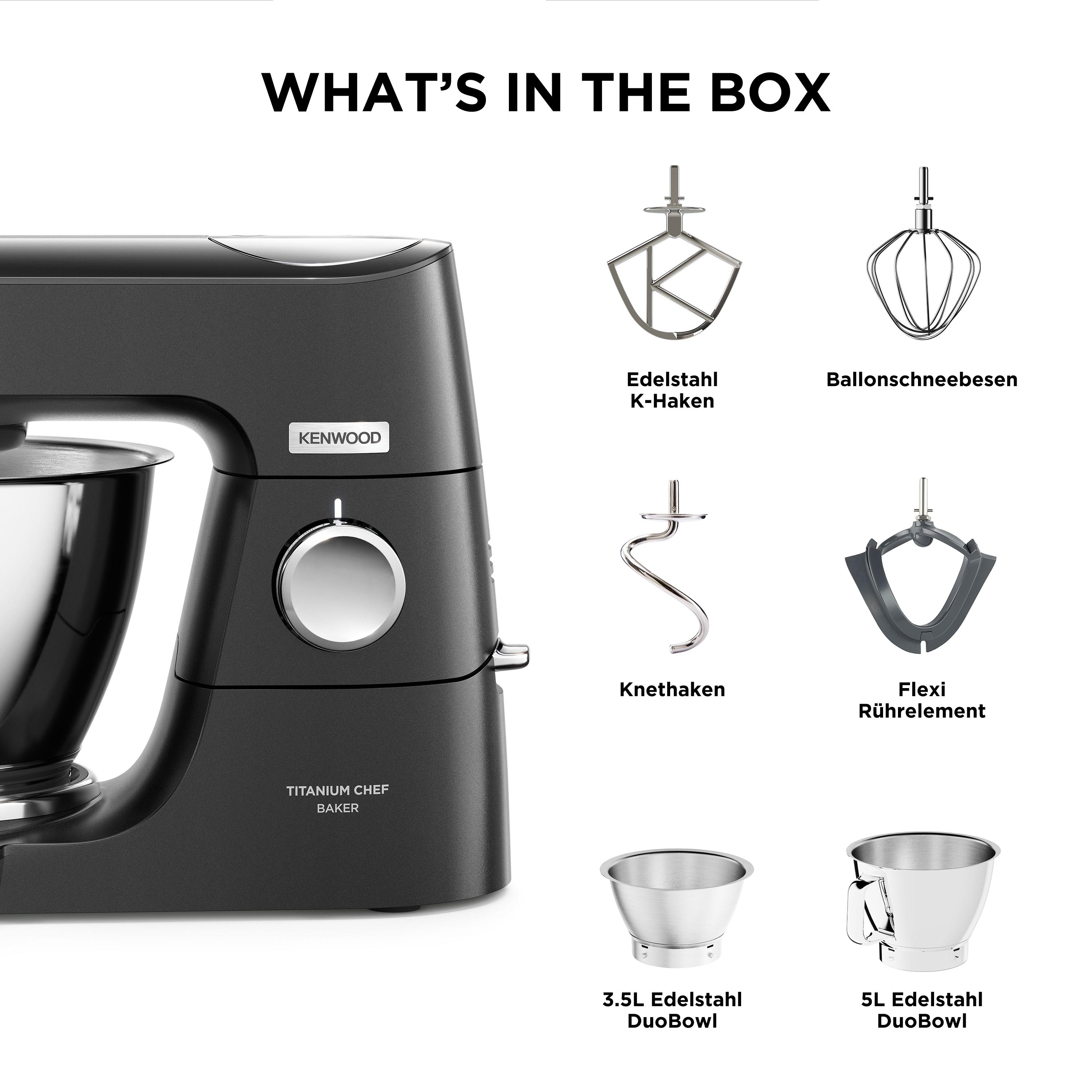 Schwarzer Kenwood Küchenmixer und Zubehör, mit deutschen Namen beschriftet.