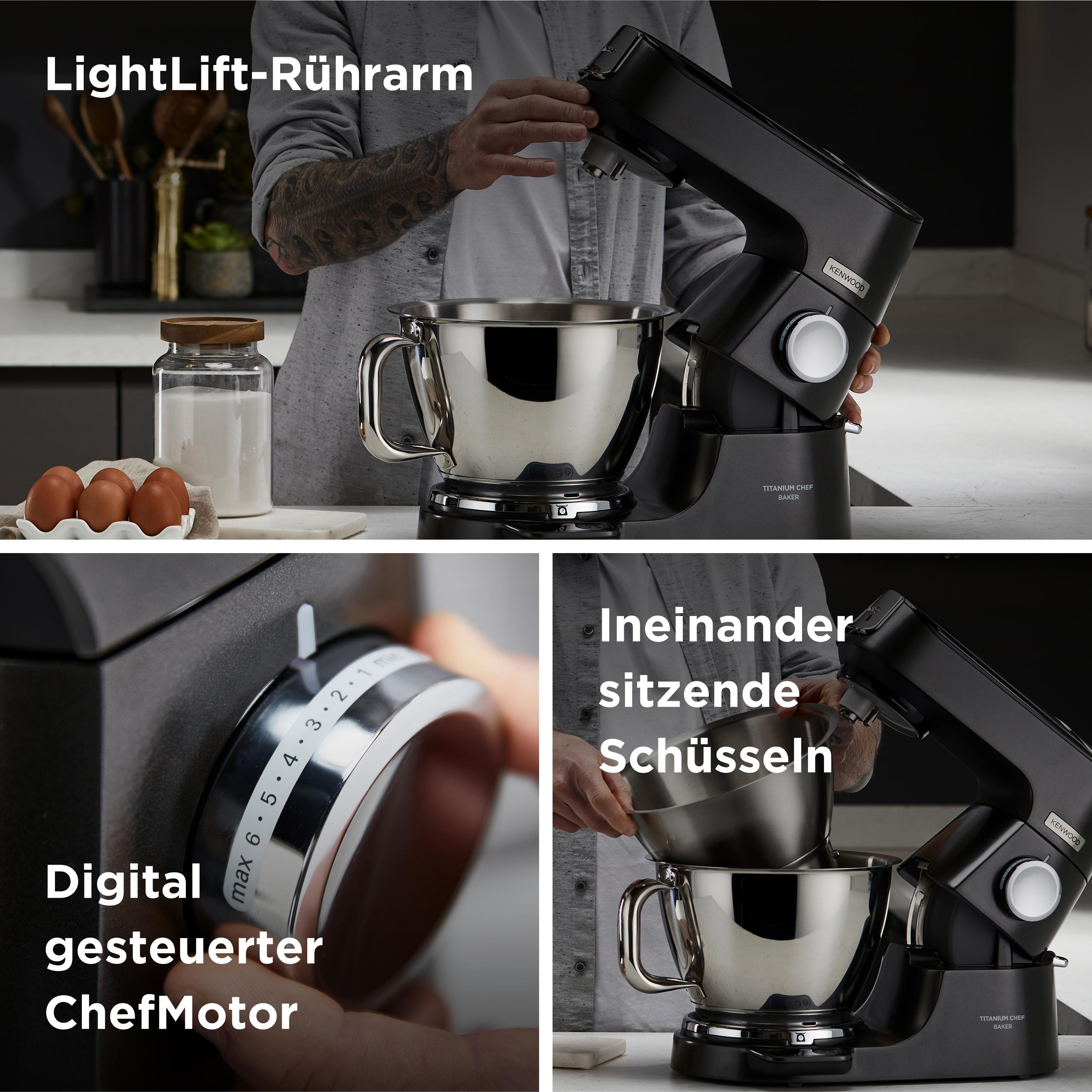 Drei Bilder, die einen schwarzen Kenwood Chef-Küchenmixer und seine Funktionen zeigen.