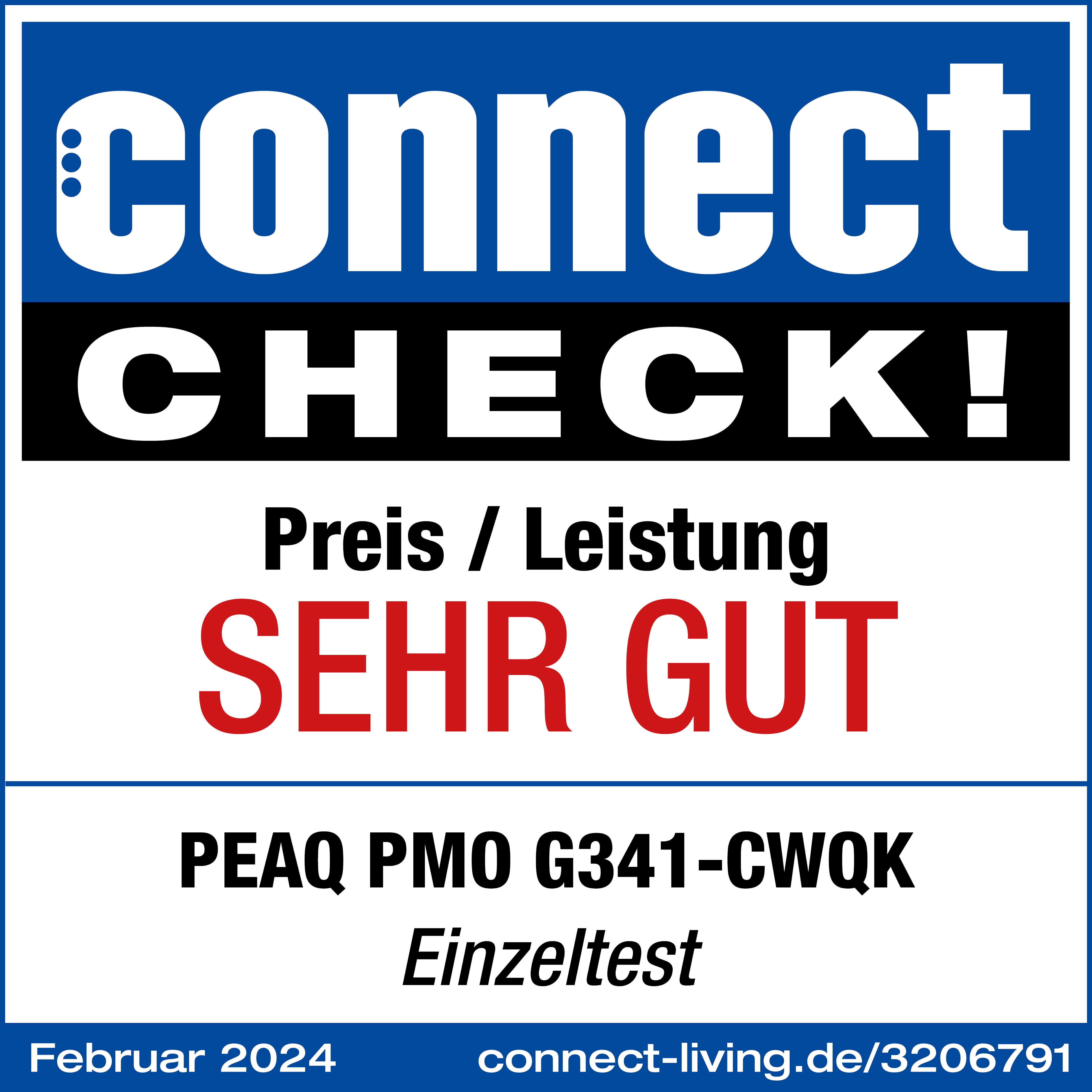 Ein 'connect CHECK!'-Logo mit 'SEHR GUT'-Text und Produktdetails.