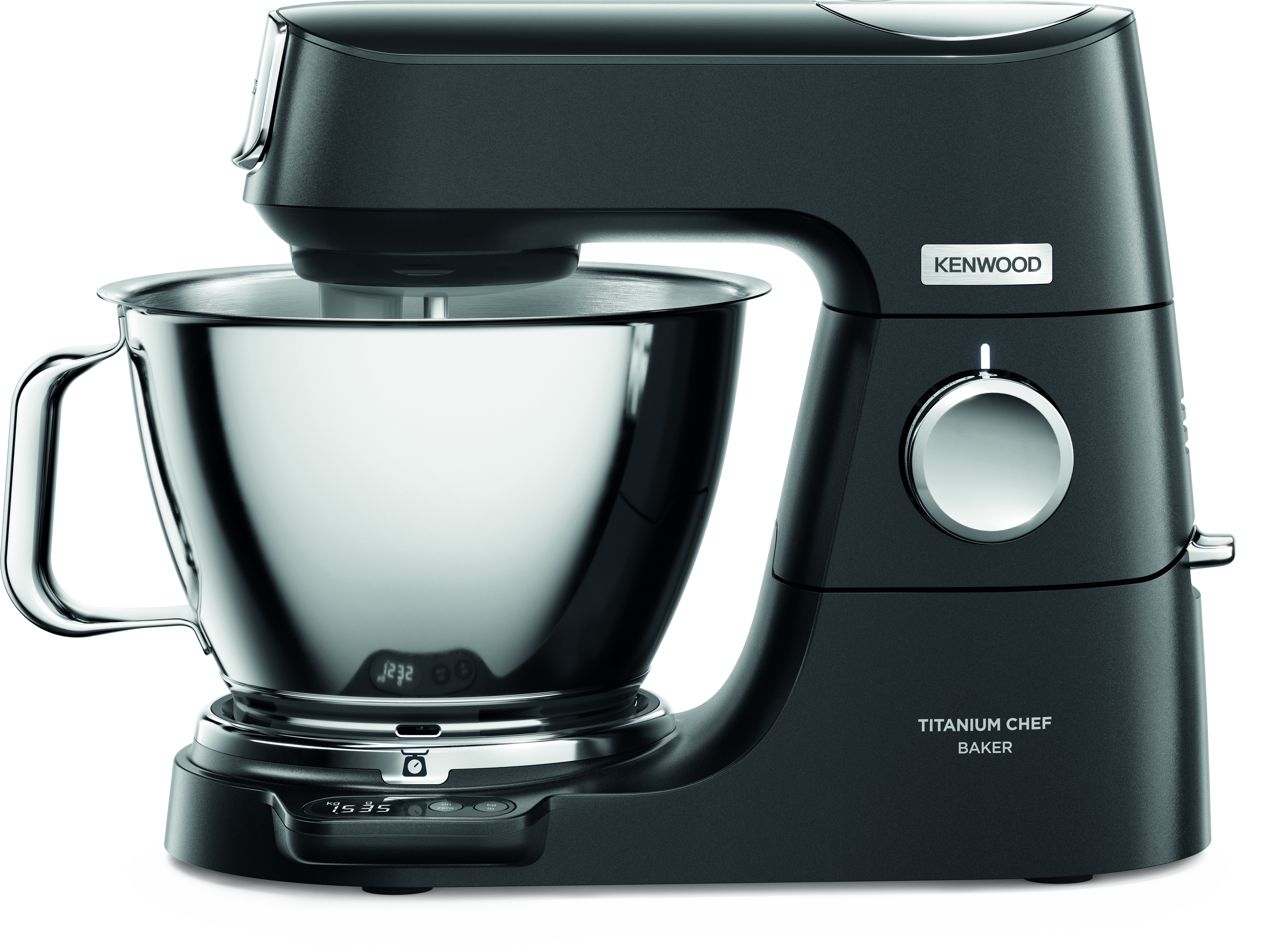 Eine schwarze Kenwood Titanium Chef Baker Küchenmaschine mit Edelstahlschüssel.